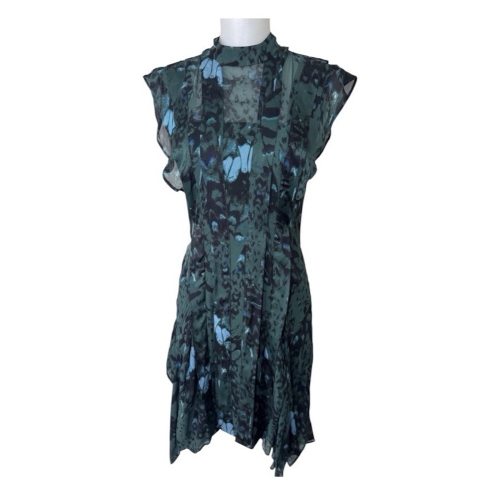 AllSaint Fleur Wing Asymmetric Animal Print Chiffon Dress Womens Size 0 Green